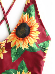 Sunflower Printed Backless Bandage Split Bikini Swimsuit