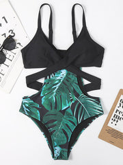 Monokini Spaghetti-Neck Monstera Ceriman Color-Block One-Piece Swimwear