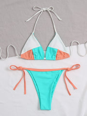 Contrast Color Split-Joint  Bandage Backless Split Bikini Swimsuit