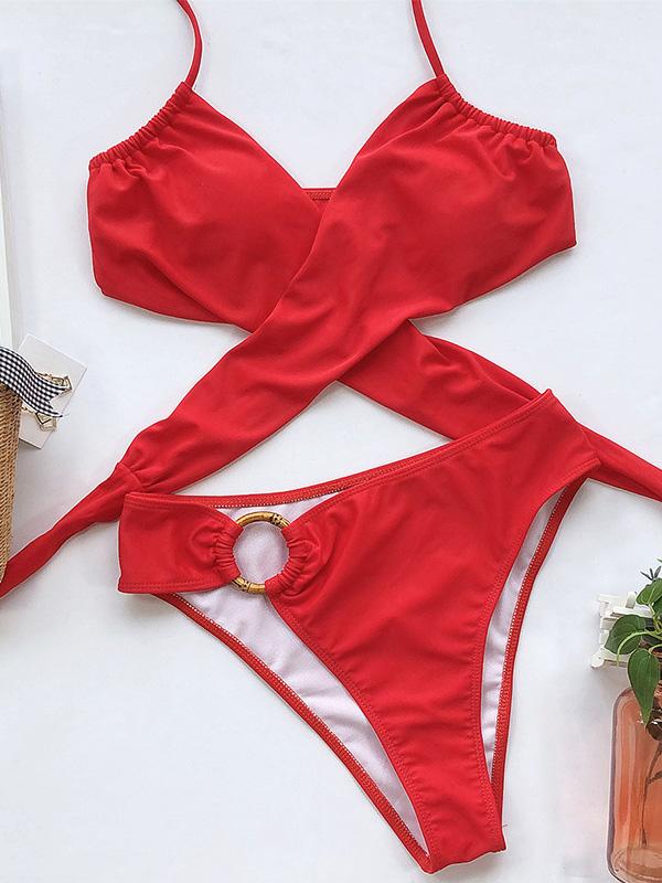 Stylish Split-Joint Bandage Embellished Split Bikini Swimsuit