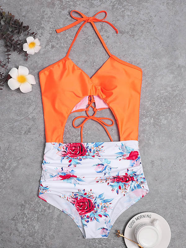 Halterneck Floral Hollow Split-Joint Backless One-Piece Swimwear