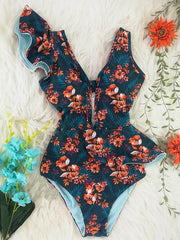 Floral Printed Falbala V-Neck One-Piece Swimsuit