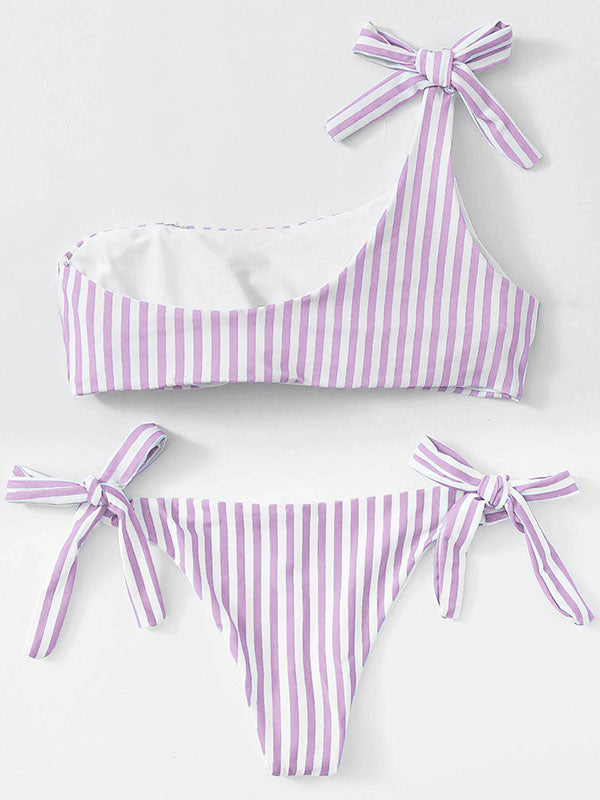 Striped One-Shoulder Knotted Split Bikini Swimsuit