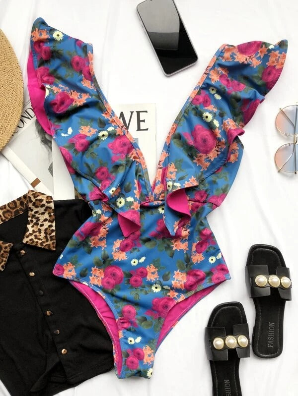 Ruffled Floral V-Neck One-Piece Swimwear