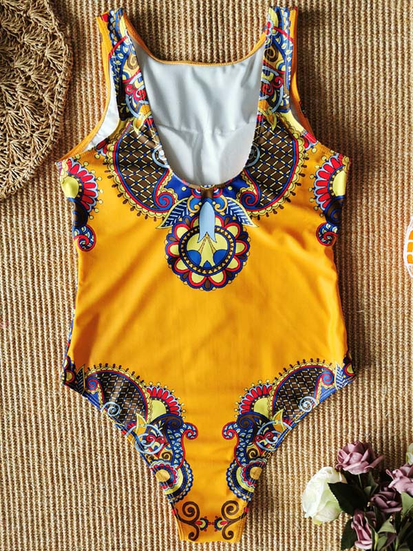 Ethnic Printed Vest Style Backless One-Piece Swimwear