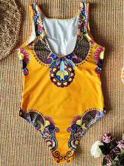 Ethnic Printed Vest Style Backless One-Piece Swimwear