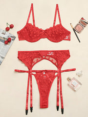 Sexy Lace See-Through Underwired Three-Piece Lingerie Set