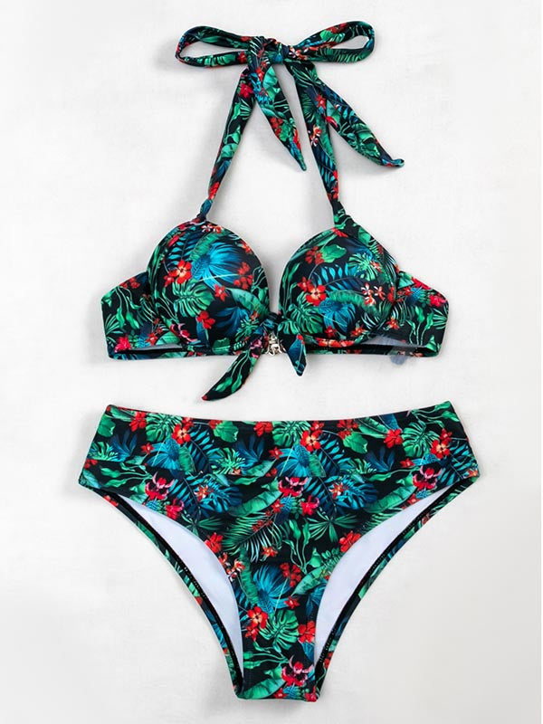 Neckholder-Bikini mit Blumen-Bustier und Knoten 