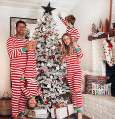 Red and White Striped Green  Collar Family Matching Pajamas Set