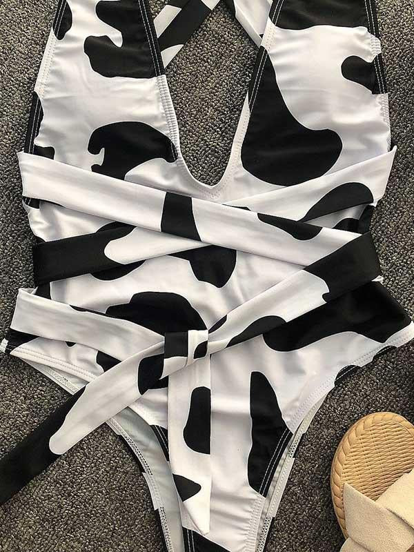 Cow Pattern Deep V-Neck Bandage One-Piece Swimwear