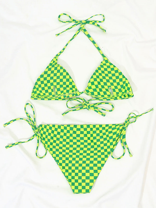 Grid Lace-Up Triangles Split Bikini Swimsuit