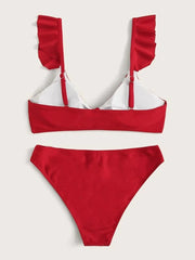 Ruffled Knotted Solid Color Split Bikini Swimsuit