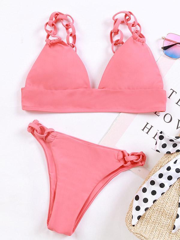 Solid Color Braided Triangles Split Bikini Swimsuit