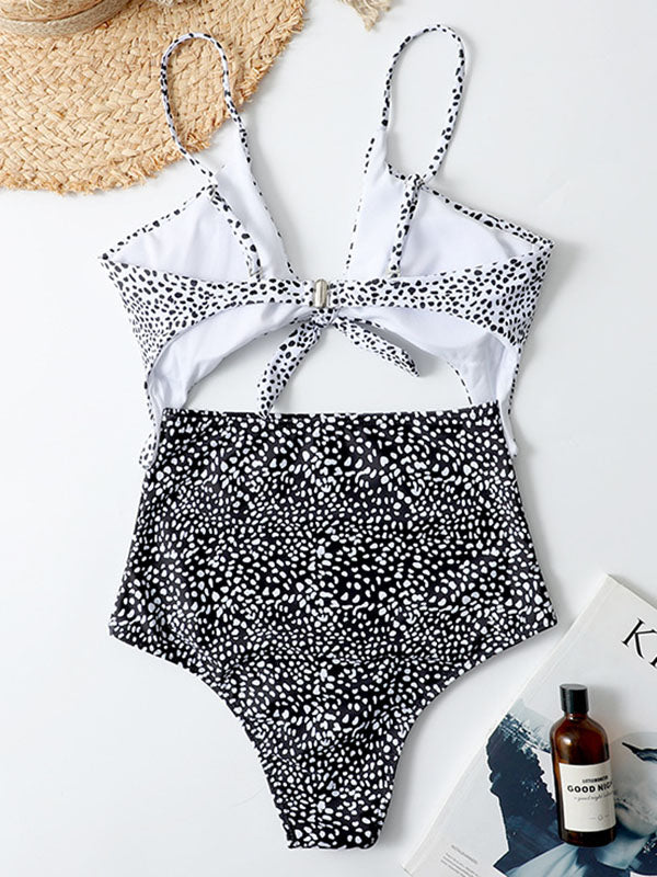 Polka-Dot Tankini Hollow Knotted One-Piece Swimwear