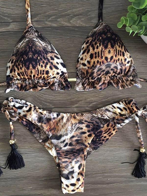 Leopard Print Tasseled Embellished Triangles Bandage Split Bikini Swimsuit