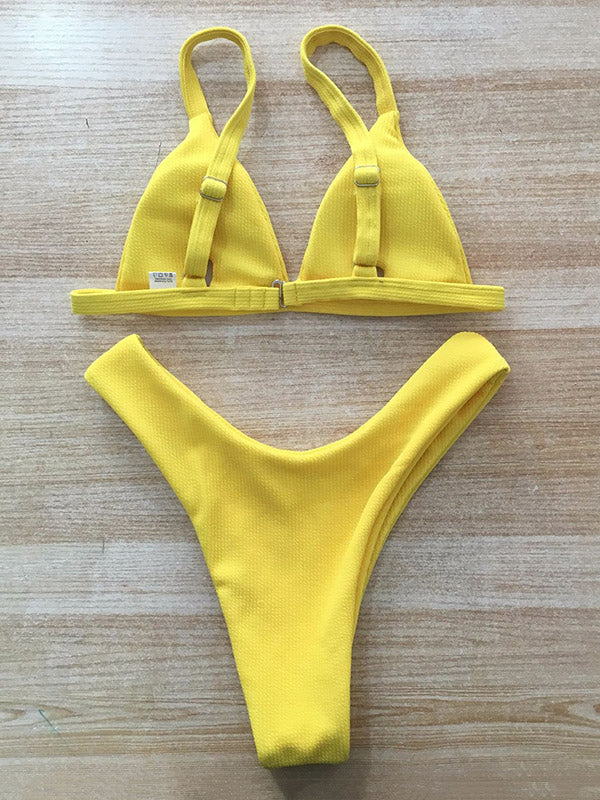 Solid Color Triangles Split Bikini Swimsuit