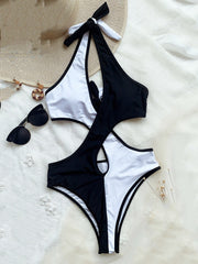 Sexy Contrast Color Hollow Bandage One-Piece Swimwear