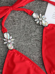 Gorgeous Embellished Knotted Triangles Split Bikini Swimsuit