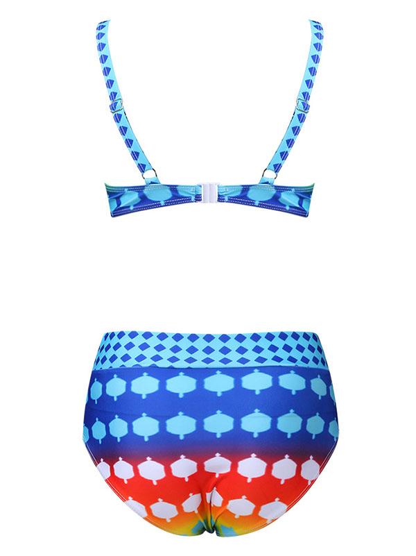 Vintage Print Polka-Dot Crossed Split Bikini Swimsuit