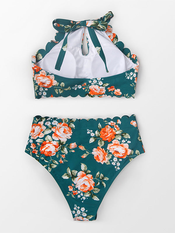 Halter-Neck Floral Falbala Bikini Swimsuit