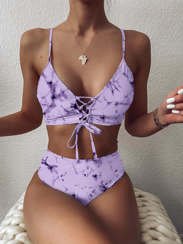 Tie-Dyed Printed Bandage Split Bikini Swimsuit