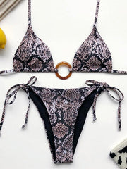 Snake-Print Embellished Bandage Split Bikini Swimsuit