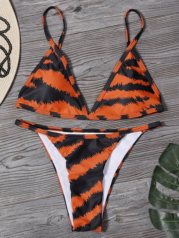 Tiger Pattern Spaghetti-Neck Split Bikini Swimsuit