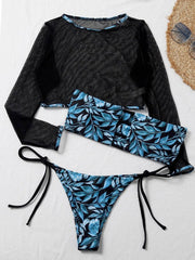 Floral-Print Bandeau Tie Side Long Sleeve Cover-Ups Swimwear