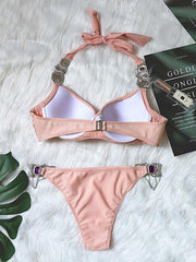 Gorgeous Embellished Halterneck Split Bikini Swimsuit