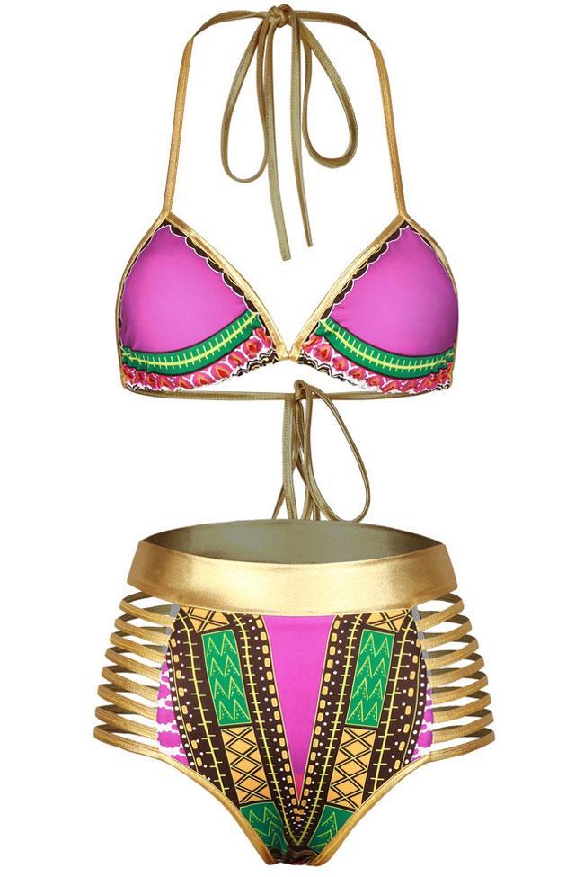 Triangel-Bikini-Badeanzug mit Riemchen und hoher Taille in Metallic-Optik - Zweiteiliges Set 