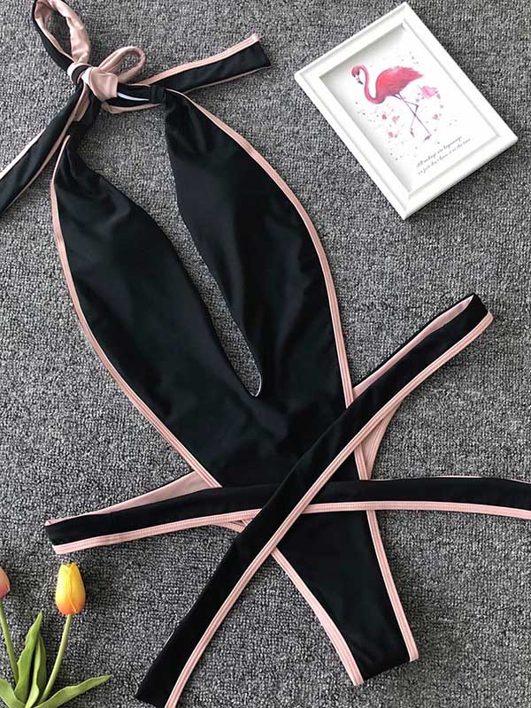 Plain Lace Up Thong One-Piece Swimwear