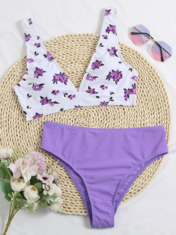 Bikini-Badeanzug mit Blumenmuster, Farbblock, V-Ausschnitt und Schlitz 