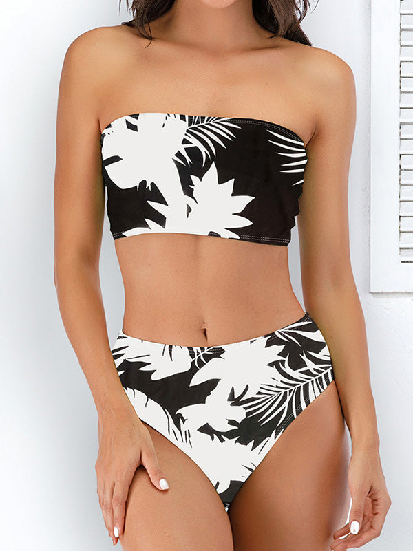 Polychromatic Printed Bandeau Split Bikini Swimsuit