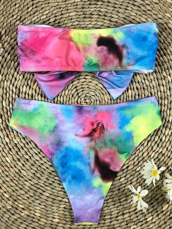 Tie-Dye Diamond-Embellished Bowknot Split Bikini Swimsuit