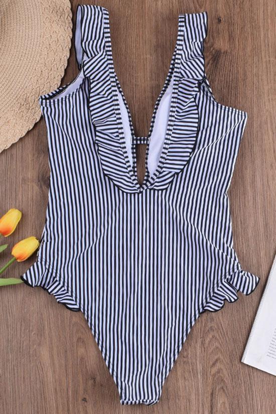 Retro Striped Ruffle V Neck One Piece Swimsuit