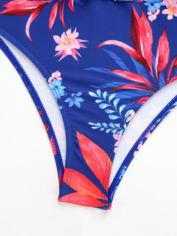 Floral-Print Split-Joint V-Neck Split Bikini Swimsuit