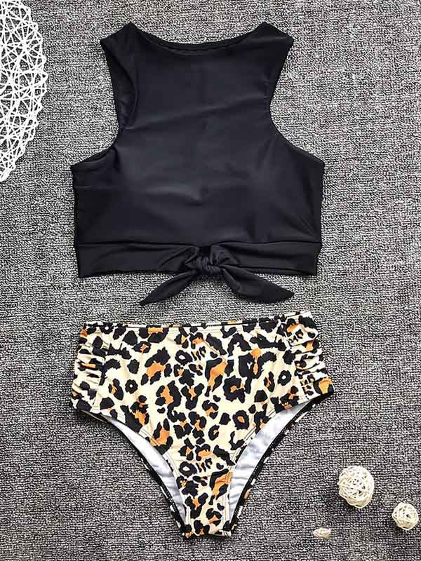 Animal Print Color-Block Round-Neck Split Bikini Swimsuit