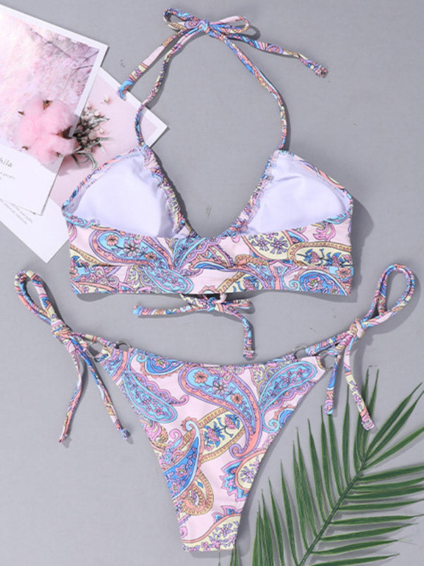 Halterneck Floral Backless Bralette Tie Side Bikini Swimwear