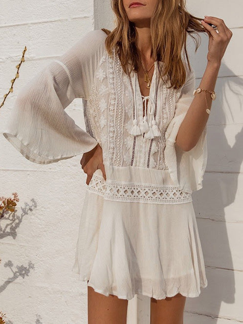 Chiffon Wrinkled Lace Trumpet Sleeve Bikini Cover-Ups