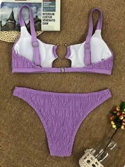 Solid Color Embellished Hollow Split Bikini Swimsuit