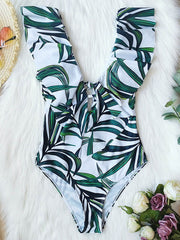 Floral Printed Falbala Backless  One-Piece Swimsuit