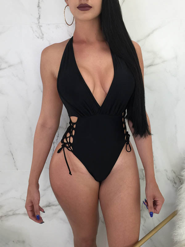 Solid Color Bandage Hollow Deep V-Neck One-Piece Swimwear