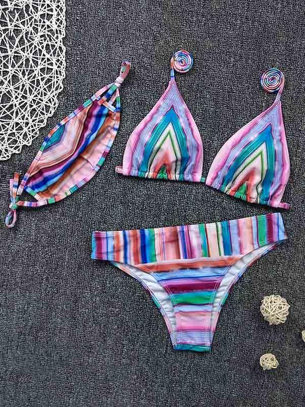 Rainbow Stripes Split-Joint Triangles Split Bikini Swimsuit+Mask