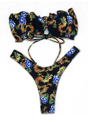 Strapless Printed Chinese Style Bandeau Bikini Swimsuit