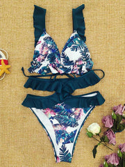 Falbala Floral Printed  Lace-Up Bikini Swimsuit