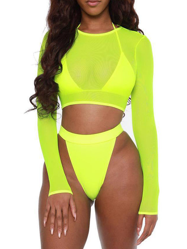 Solid Color See-Through Long Sleeve+Triangles Split Bikini Swimsuit+Three-Piece Set