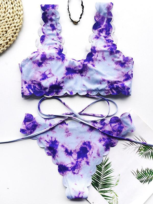 Tie-Dyed Floral-Print Deep V-Neck Bandage Split Bikini Swimsuit