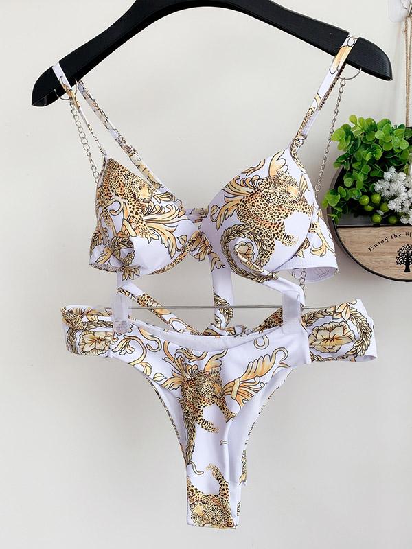 Bikini-Badeanzug mit Blumenmuster, Bügel und Bandage sowie Schlitz 