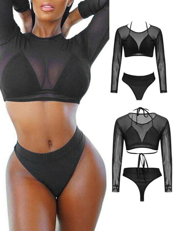 Solid Color Triangles +Long Sleeve Wetsuit Three-Piece Set