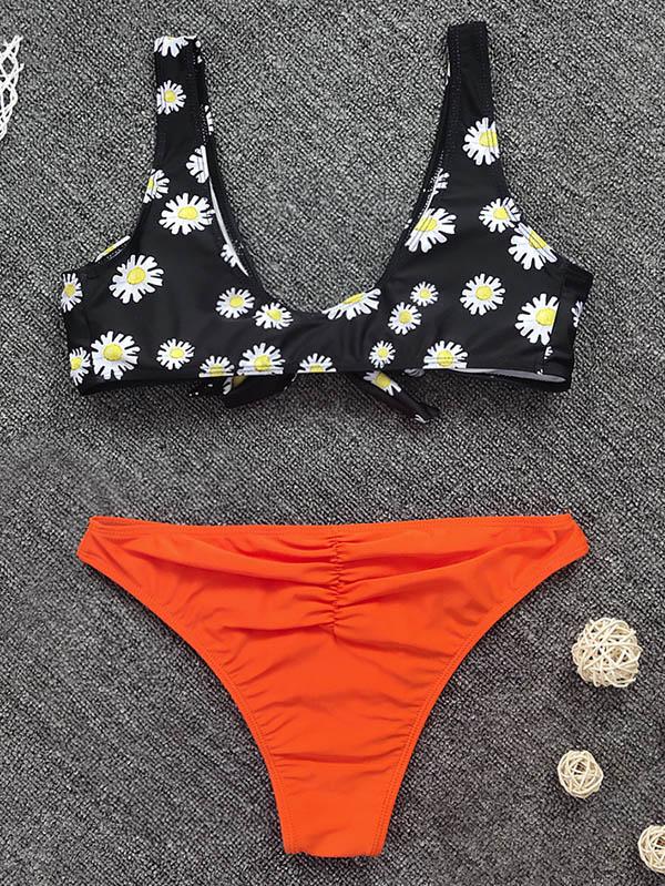 Floral-Print Knotted Color-Block Split Bikini Swimsuit